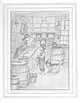 Item #24476 "General Store." Pencil drawing of a country store. Tasha Tudor