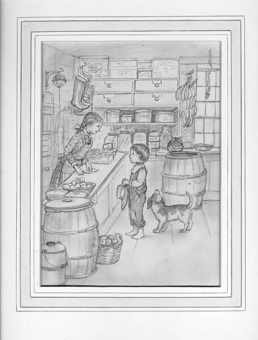 General Store. Pencil drawing of a country store | Tasha Tudor