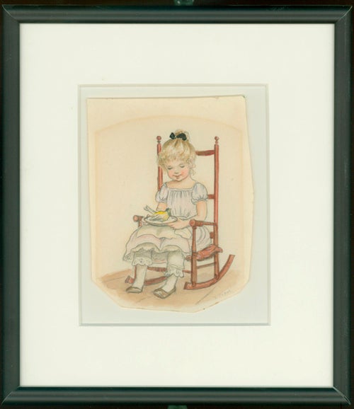 Item #24489 GIRL IN ROCKING CHAIR HOLDING THE CANARY from THISTLY B, page [11]; Original art from Thistly B. Tasha Tudor.