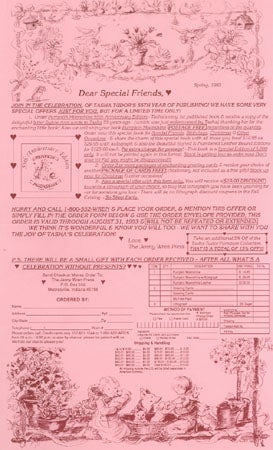 Item #25208 DEAR SPECIAL FRIENDS, ORDER FORM, Spring, 1993 FROM THE JENNY WREN PRESS