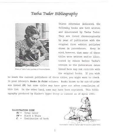 Item #25529 [THE LETTER] TASHA TUDOR BIBLIOGRAPHY FROM ELAINE'S UPPER STORY. Elaine Hollabaugh.