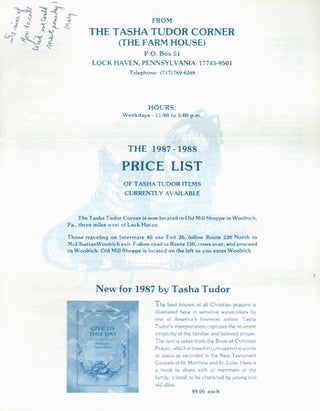 Item #26816 The 1987-1988 PRICE LIST OF TASHA TUDOR ITEMS CURRENTLY AVAILABLE. The Tasha Tudor...