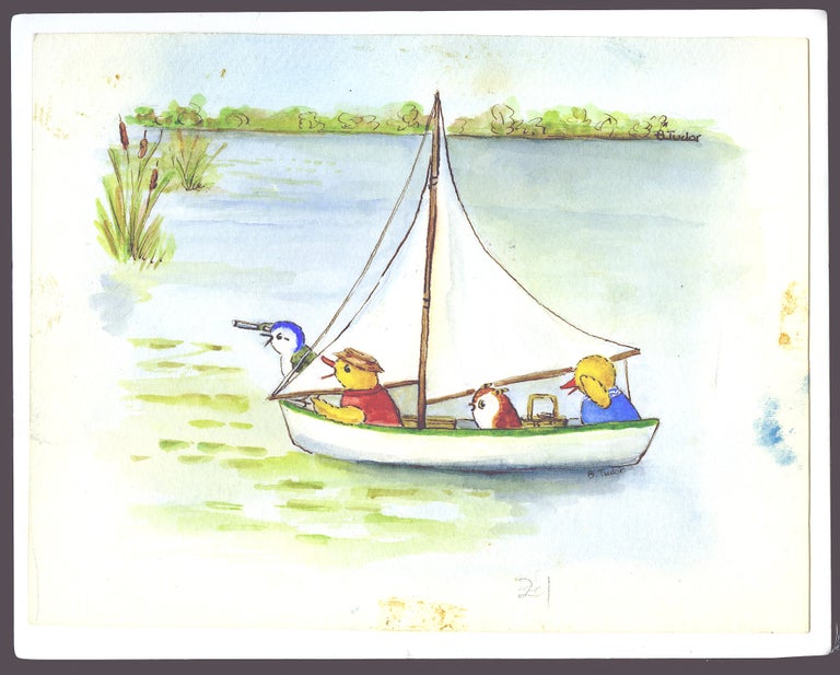 Item #28254 SKIDDYCOCK POND, page [23]. "Gweek grabbed Samuel's telescope and rushed to the side of the boat." Bethany Tudor.