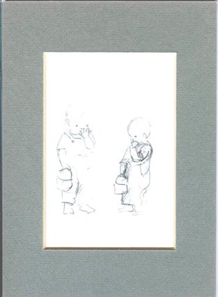 Item #28343 FROM TASHA TUDOR'S SKETCHBOOK: 2 SKETCHES OF BOY WITH LUNCHBOX EATING COOKIE. Tasha...