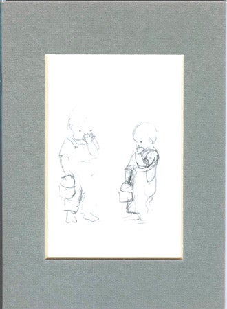 Item #28343 FROM TASHA TUDOR'S SKETCHBOOK: 2 SKETCHES OF BOY WITH LUNCHBOX EATING COOKIE. Tasha Tudor.