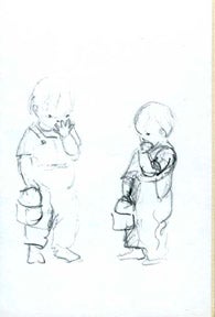 FROM TASHA TUDOR'S SKETCHBOOK: 2 SKETCHES OF BOY WITH LUNCHBOX EATING COOKIE