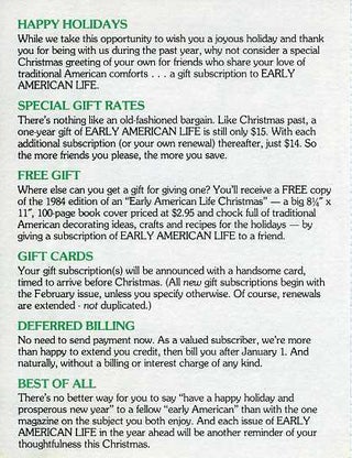 HAPPY HOLIDAYS [Early American Life advertisement]