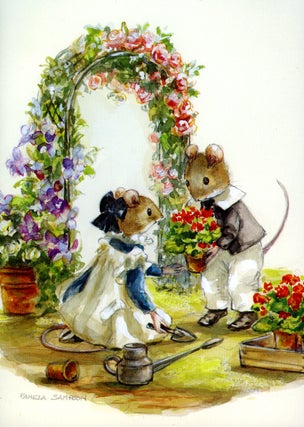 Item #29626 "Thinking of You" card with two gardening mice [125 0016]. Pamela Sampson