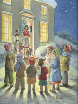 Item #29648 Caroling children at house door, black dog. Pamela Sampson