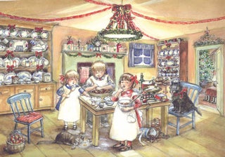 Item #29650 3 children doing holiday baking in a Christmas kitchen, black dog and gray kitty....