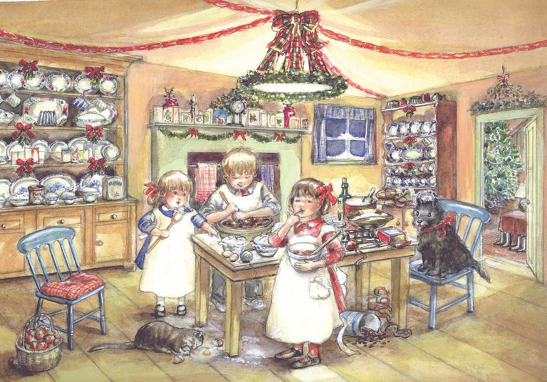 Item #29650 3 children doing holiday baking in a Christmas kitchen, black dog and gray kitty. Pamela Sampson.