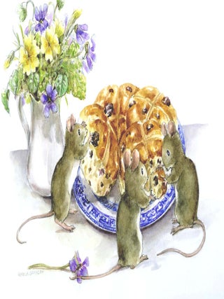 Item #29660 HOT CROSS BUNS. 3 mice with a plate of buns and a pitcher of violets. Pamela Sampson