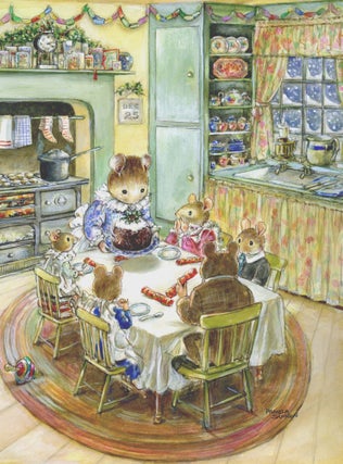 Item #29665 "Christmas at Rose Cottage" Mice in yellow kitchen. Pamela Sampson