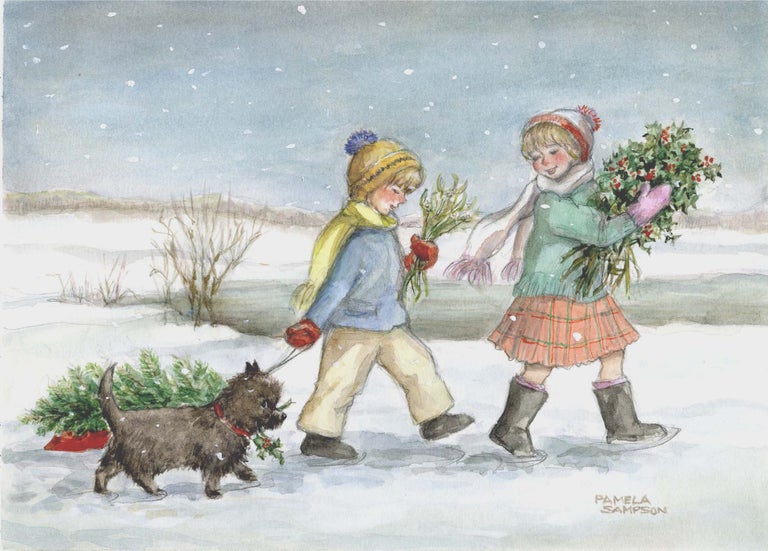 Item #29667 Boy, girl and dog with Christmas greens. Pamela Sampson.
