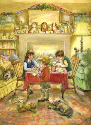 Item #29674 Three children at table writing Christmas cards. Pamela Sampson