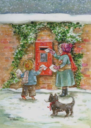 Item #29675 "Post Early for Christmas" English mailbox, 2 children and dog. Pamela Sampson