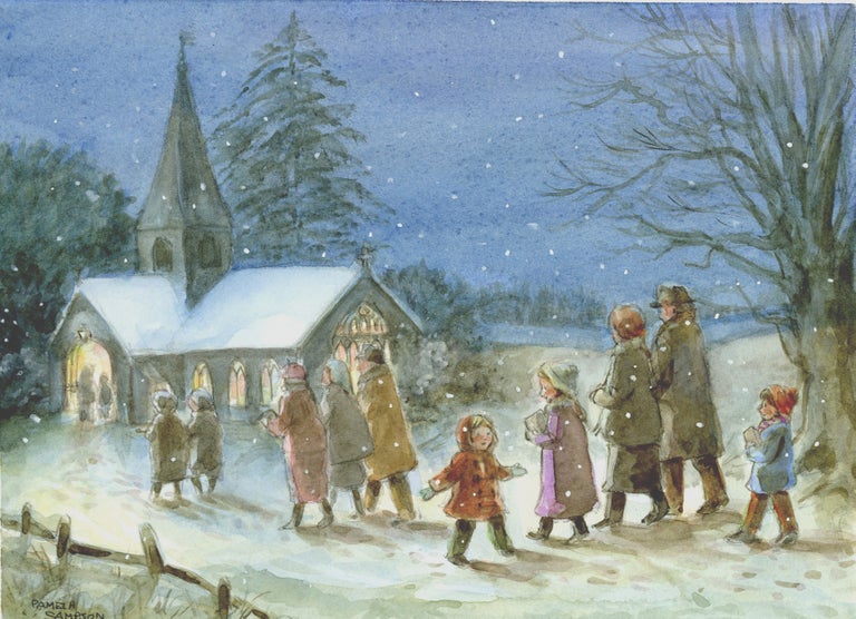Item #29677 10 People walking to church on Christmas eve in light snow. Pamela Sampson.