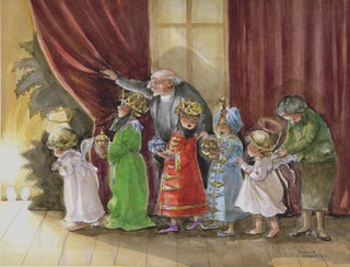 Rector and teacher preparing the children for their stage entrance with 5 children in a Christmas...